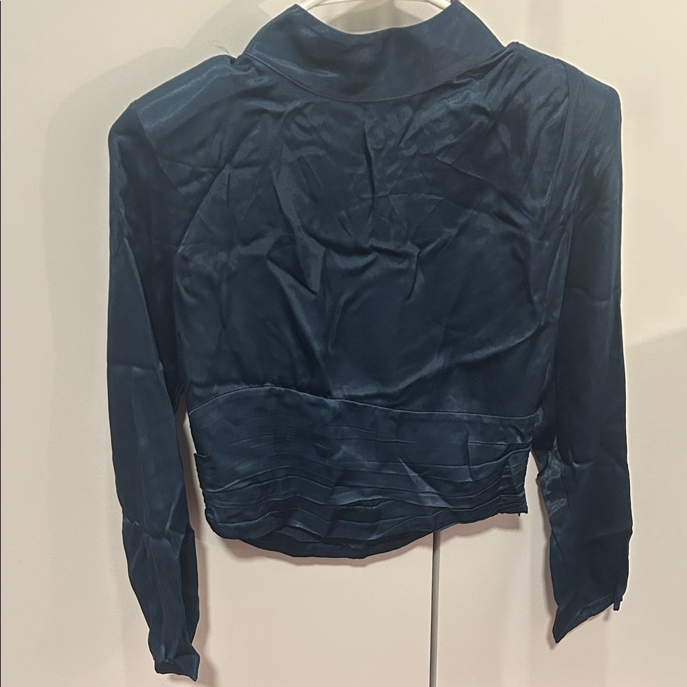 Elegant Blue Satin Look Semi Cropped Blouse with side zipper and shoulder pads